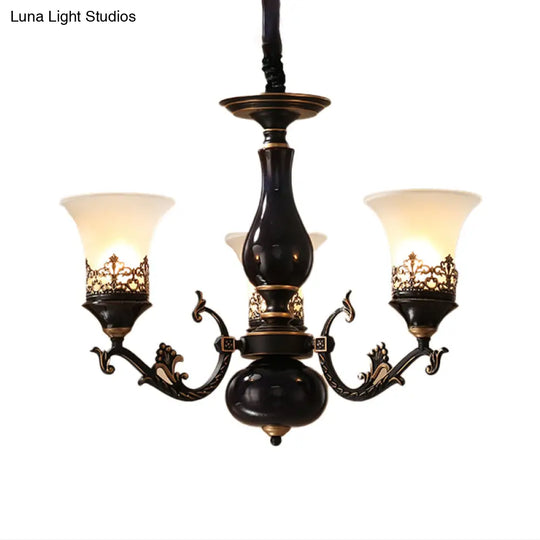 Black Bell Shaped Ceiling Suspension Lamp With Frosted Glass And Multiple Heads - Countryside