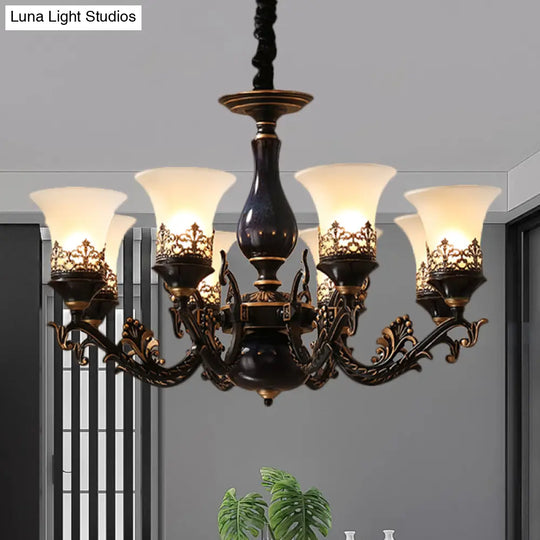 Black Bell Shaped Ceiling Suspension Lamp With Frosted Glass And Multiple Heads - Countryside