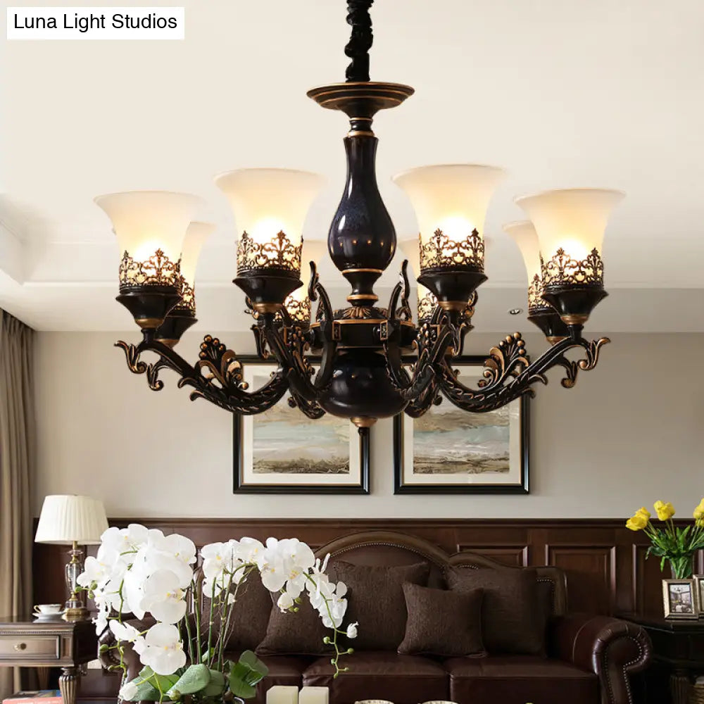 Black Bell Shaped Ceiling Suspension Lamp With Frosted Glass And Multiple Heads - Countryside