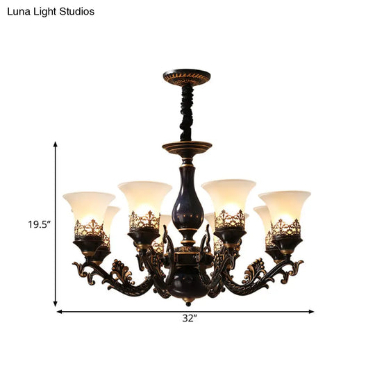 Black Bell Shaped Ceiling Suspension Lamp With Frosted Glass And Multiple Heads - Countryside