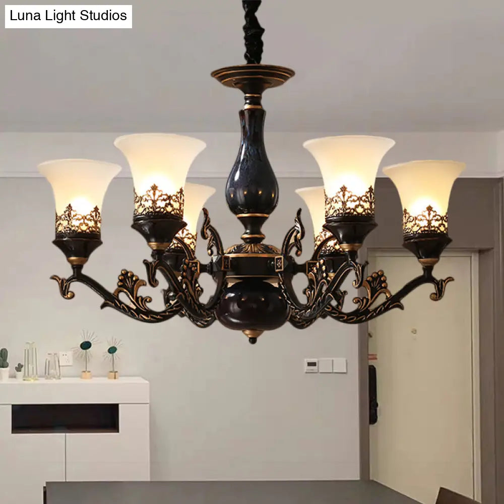 Black Bell Shaped Ceiling Suspension Lamp With Frosted Glass And Multiple Heads - Countryside