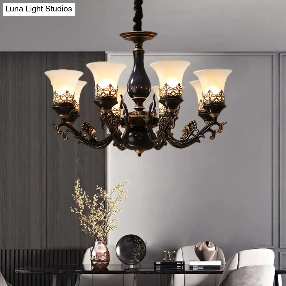 Black Bell Shaped Ceiling Suspension Lamp With Frosted Glass And Multiple Heads - Countryside