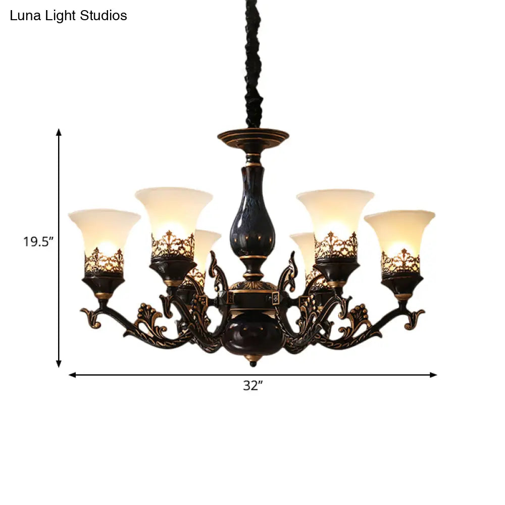 Black Bell Shaped Ceiling Suspension Lamp With Frosted Glass And Multiple Heads - Countryside