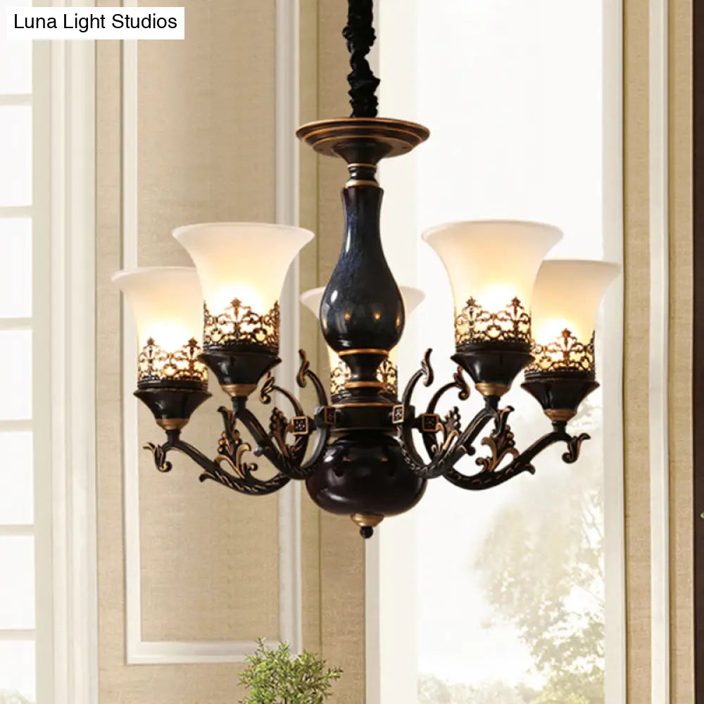 Black Bell Shaped Ceiling Suspension Lamp With Frosted Glass And Multiple Heads - Countryside