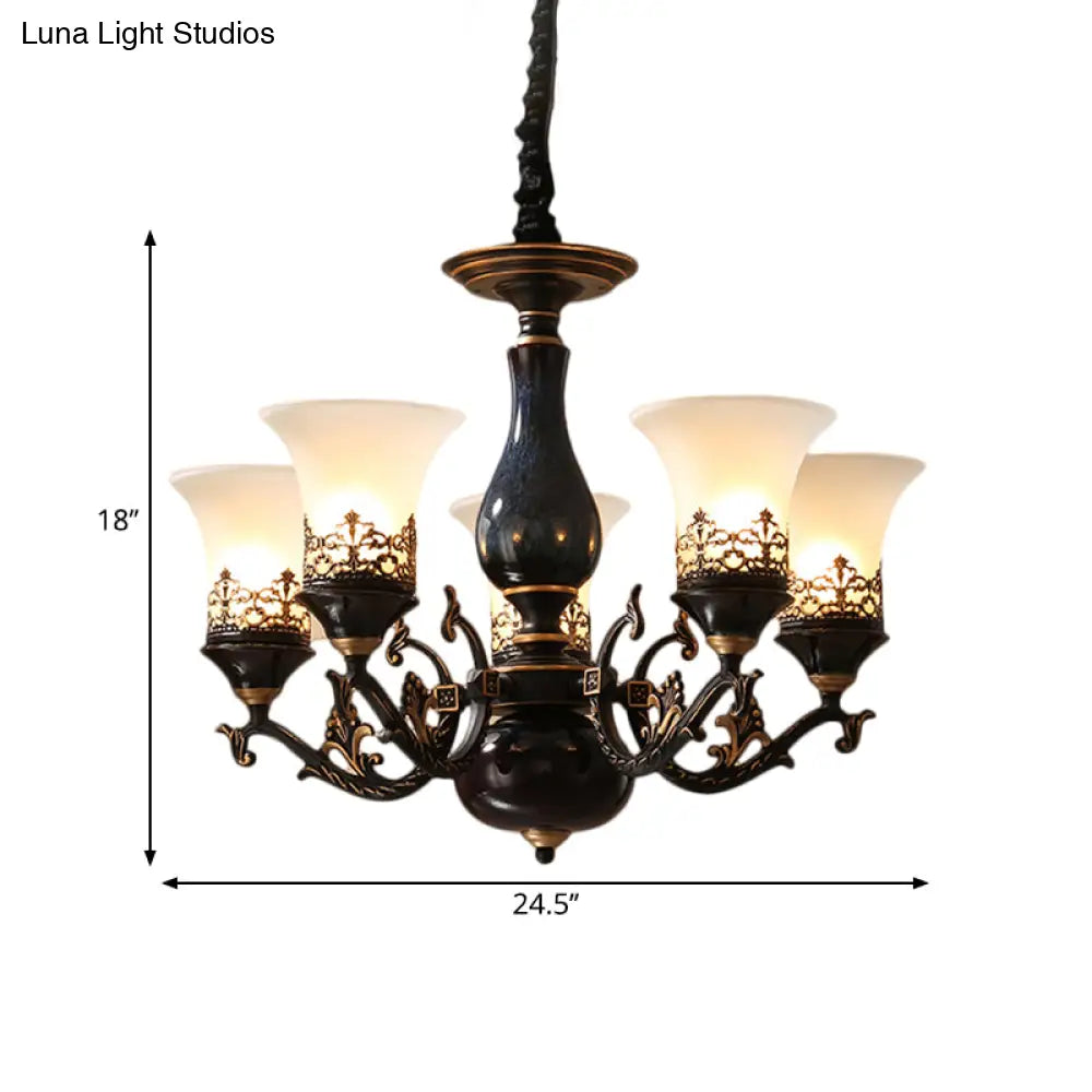 Black Bell Shaped Ceiling Suspension Lamp With Frosted Glass And Multiple Heads - Countryside