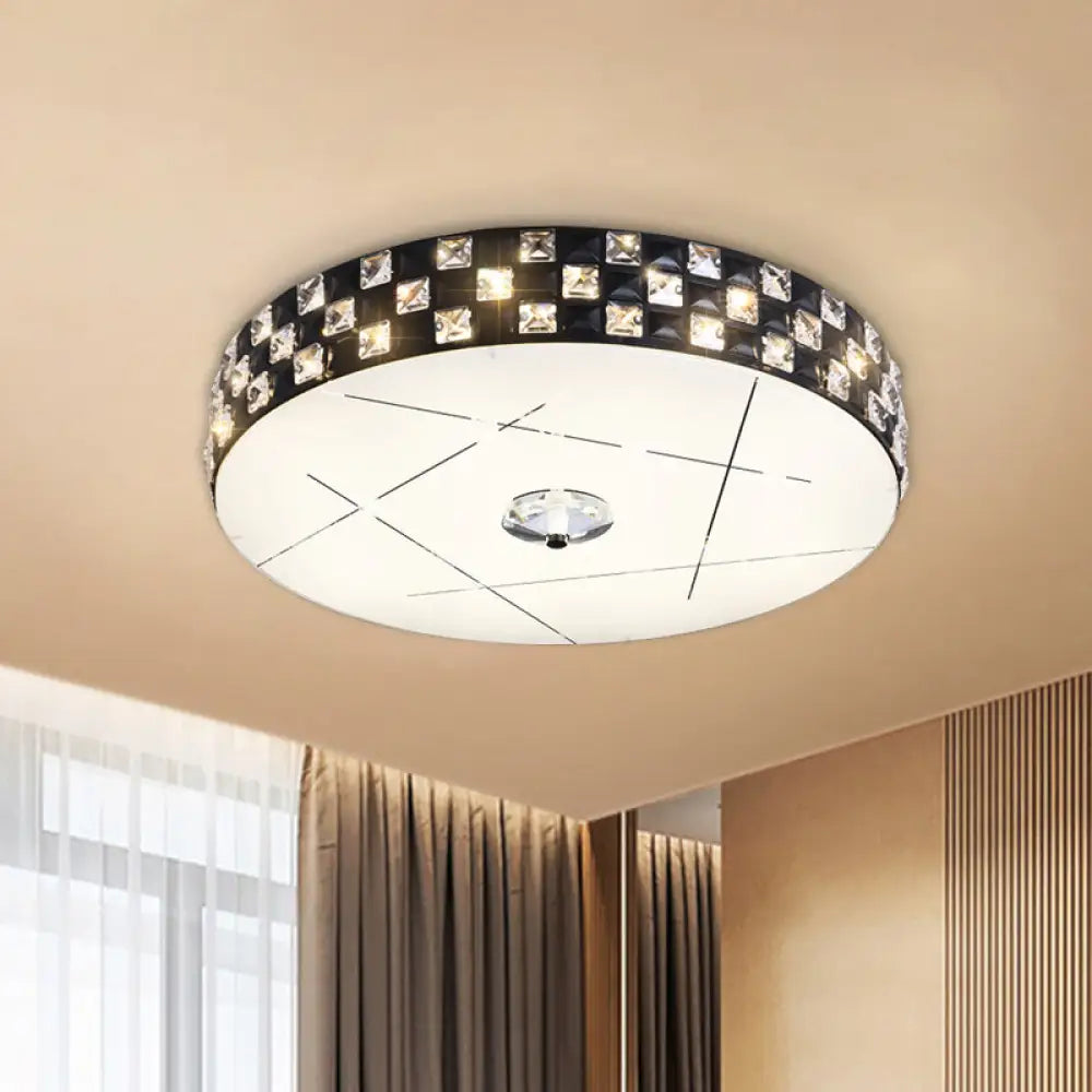 Black Beveled Crystal Led Drum Flushmount Ceiling Light For Guest Room