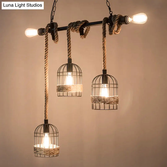 Black Birdcage Island Pendant Light With Jute Rope Cord - 5 Bulbs Factory Metal Design