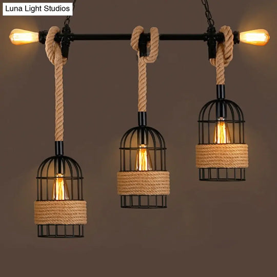 Black Birdcage Island Pendant Light With Jute Rope Cord - 5 Bulbs Factory Metal Design