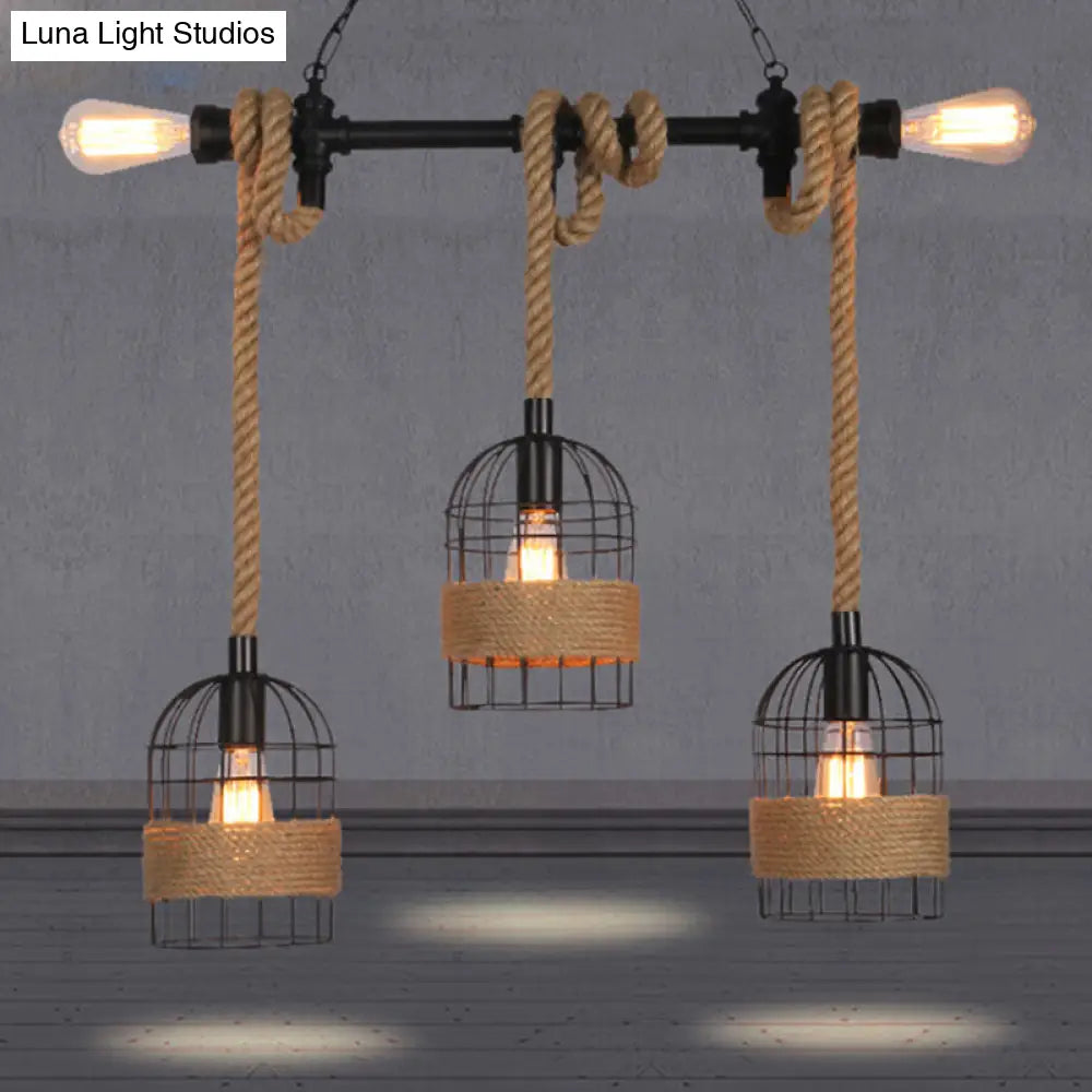 Black Birdcage Island Pendant Light With Jute Rope Cord - 5 Bulbs Factory Metal Design