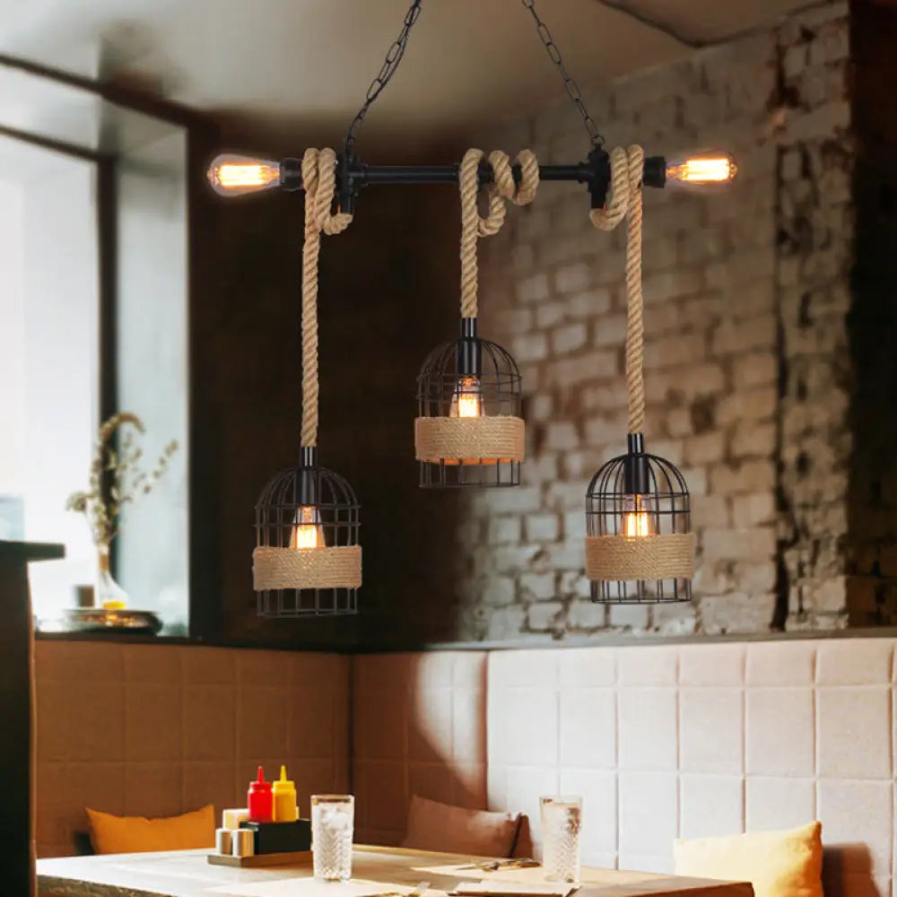 Black Birdcage Island Pendant Light With Jute Rope Cord - 5 Bulbs Factory Metal Design