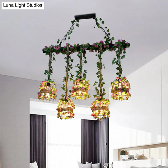 Black Birdcage Metallic Linear Pendant With Rose Vine: 5 Bulbs Rope Island Light Fixture