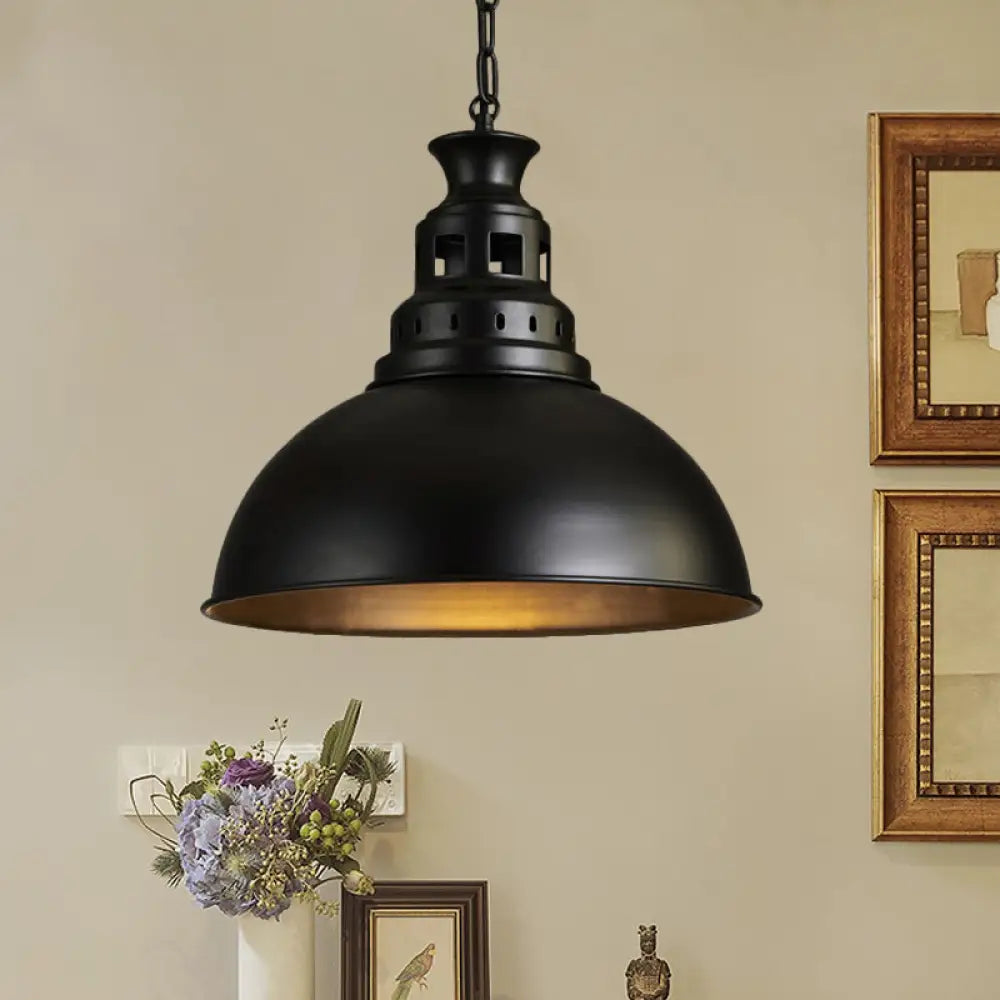 Black/Brass 1-Light Hanging Pendant For Dining Room - Loft Style Dome Shade Fixture Black