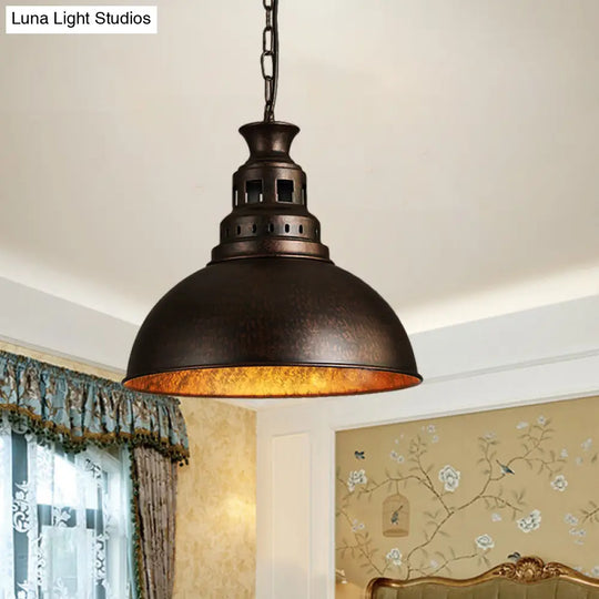 Black/Brass 1-Light Hanging Pendant For Dining Room - Loft Style Dome Shade Fixture