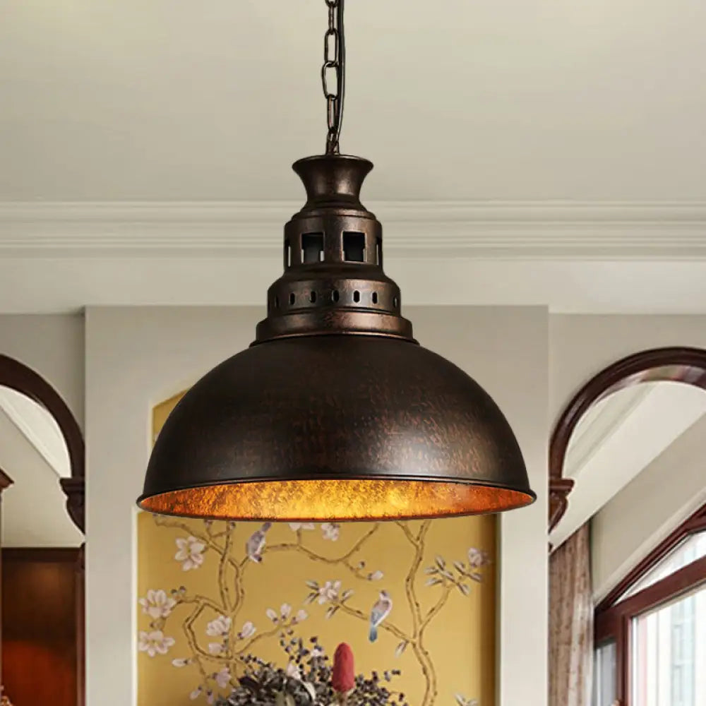 Black/Brass 1-Light Hanging Pendant For Dining Room - Loft Style Dome Shade Fixture Rust