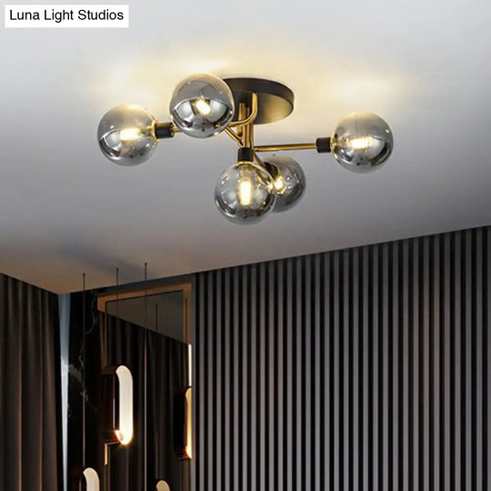 Black - Brass 5 - Light Glass Semi - Flush Mount Ceiling Lamp - Contemporary Ball Shaped Design For