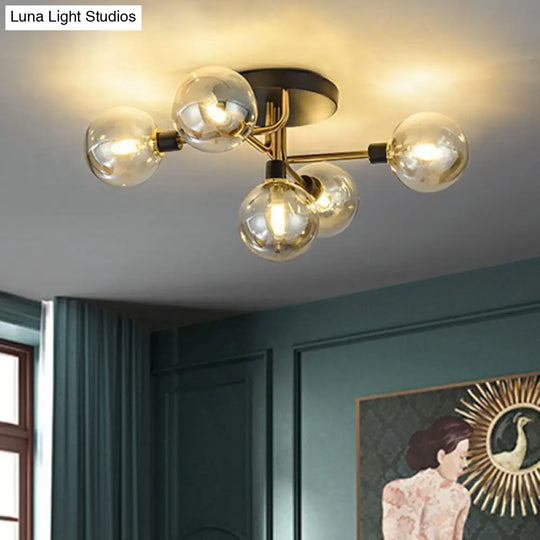 Black - Brass 5 - Light Glass Semi - Flush Mount Ceiling Lamp - Contemporary Ball Shaped Design For
