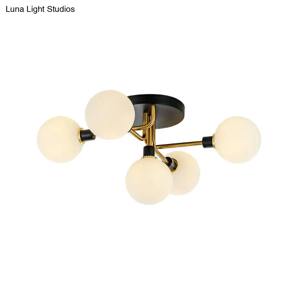 Black-Brass 5-Light Glass Semi-Flush Mount Ceiling Lamp - Contemporary Ball Shaped Design For