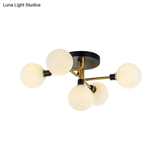 Black-Brass 5-Light Glass Semi-Flush Mount Ceiling Lamp - Contemporary Ball Shaped Design For