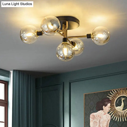 Black-Brass 5-Light Glass Semi-Flush Mount Ceiling Lamp - Contemporary Ball Shaped Design For