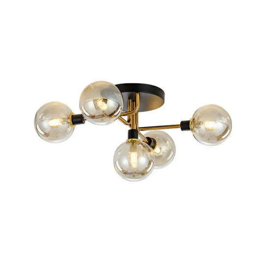 Black - Brass 5 - Light Glass Semi - Flush Mount Ceiling Lamp - Contemporary Ball Shaped Design For