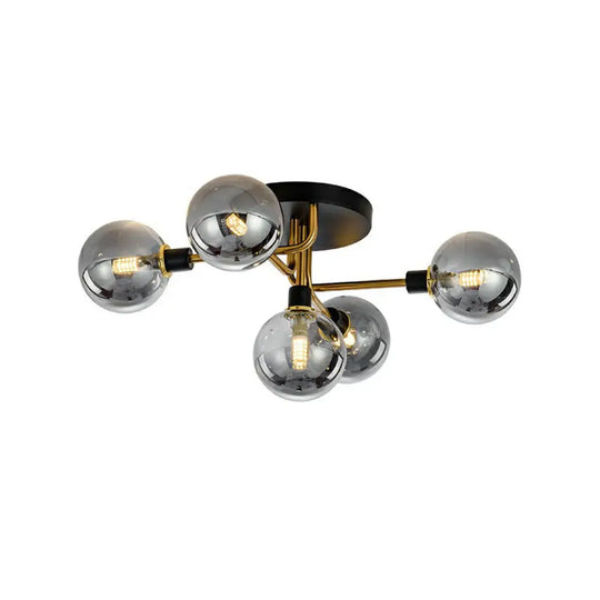 Black - Brass 5 - Light Glass Semi - Flush Mount Ceiling Lamp - Contemporary Ball Shaped Design For