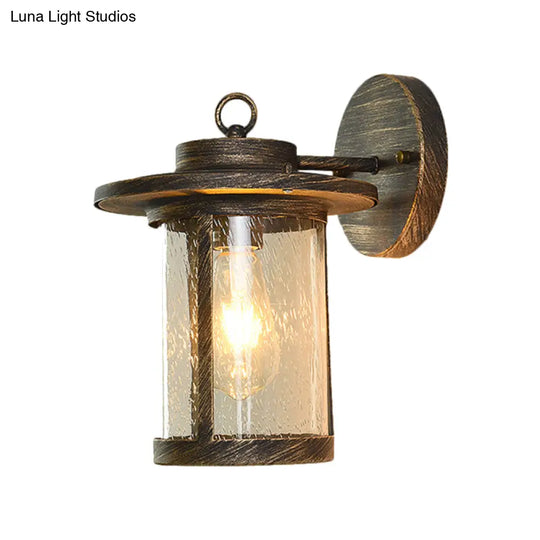 Black/Brass Cylinder Wall Light With Seedy Glass - Ideal For Warehouse Mounted