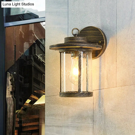 Black/Brass Cylinder Wall Light With Seedy Glass - Ideal For Warehouse Mounted