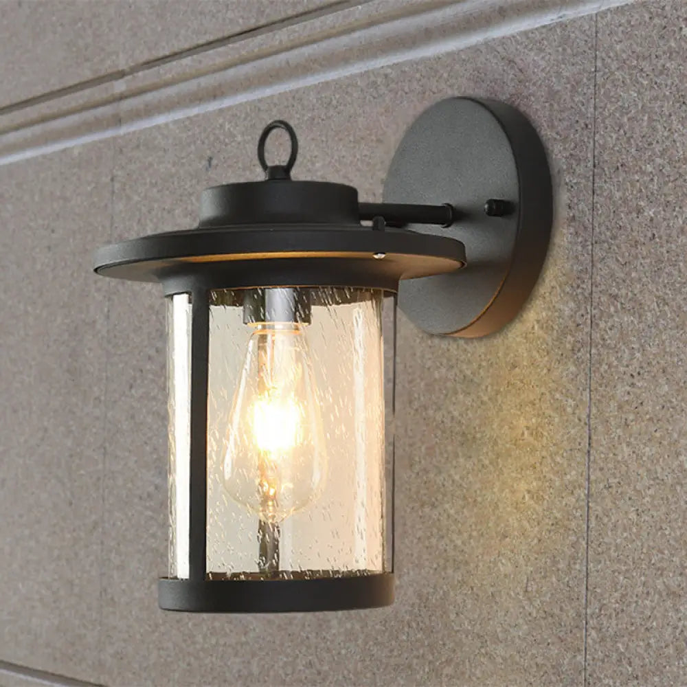 Black/Brass Cylinder Wall Light With Seedy Glass - Ideal For Warehouse Mounted Black