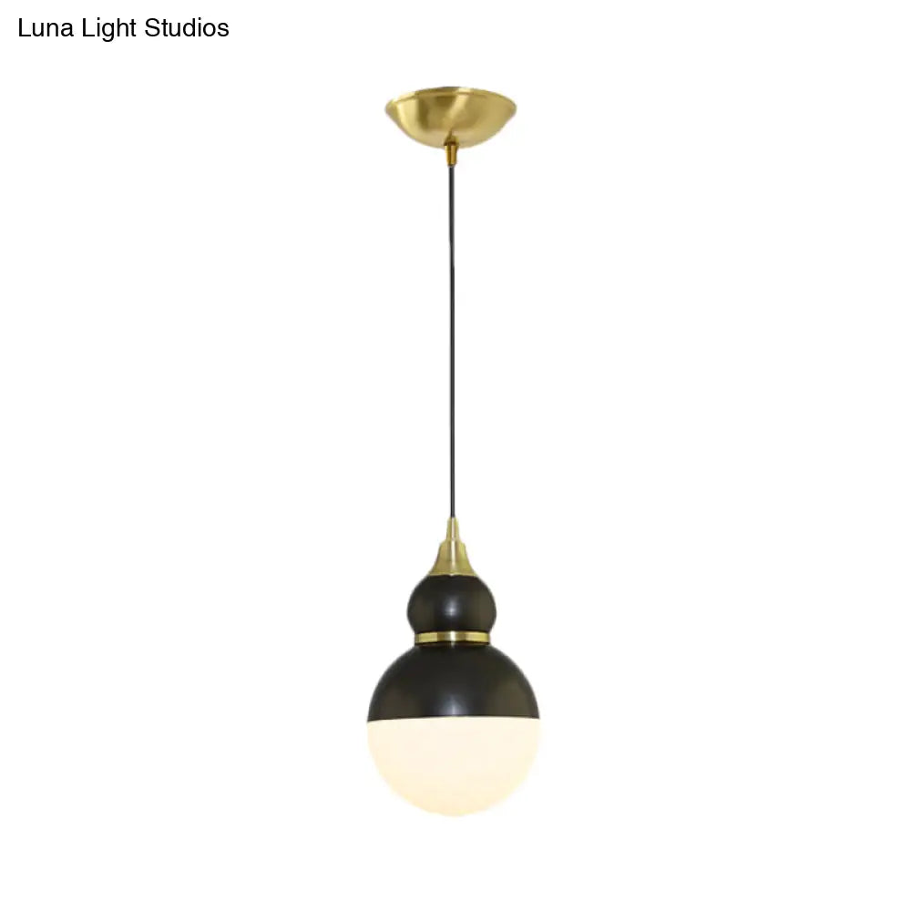 Black/Brass Gourd Shaped Pendant Lamp - Mid Century Metal 1-Light Pendulum With Bottom White Glass