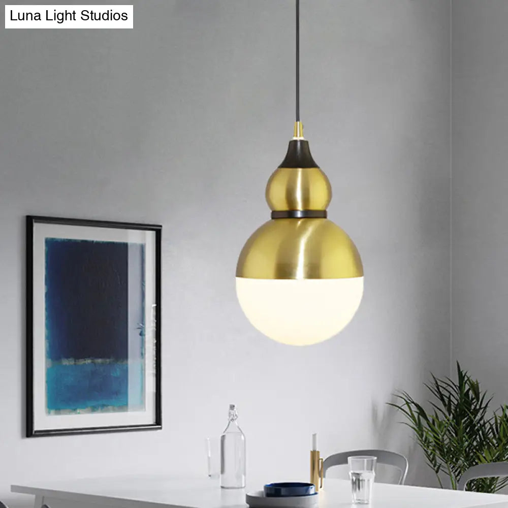Black/Brass Gourd Shaped Pendant Lamp - Mid Century Metal 1-Light Pendulum With Bottom White Glass