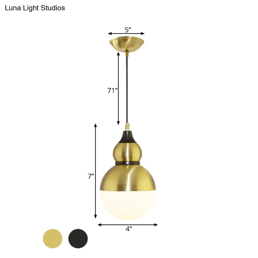 Black/Brass Gourd Shaped Pendant Lamp - Mid Century Metal 1-Light Pendulum With Bottom White Glass