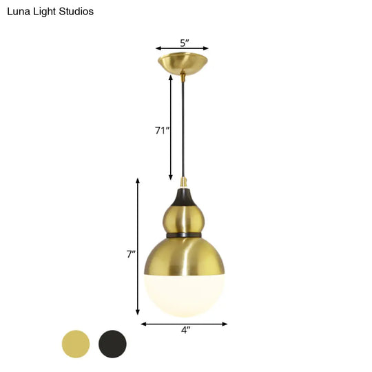 Black/Brass Gourd Shaped Pendant Lamp - Mid Century Metal 1-Light Pendulum With Bottom White Glass