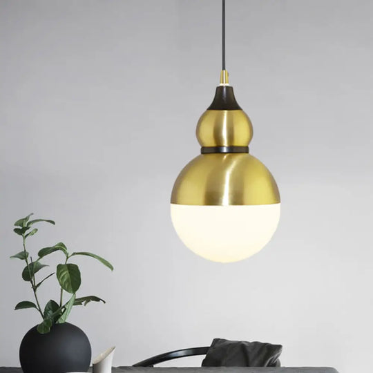 Black/Brass Gourd Shaped Pendant Lamp - Mid Century Metal 1-Light Pendulum With Bottom White Glass