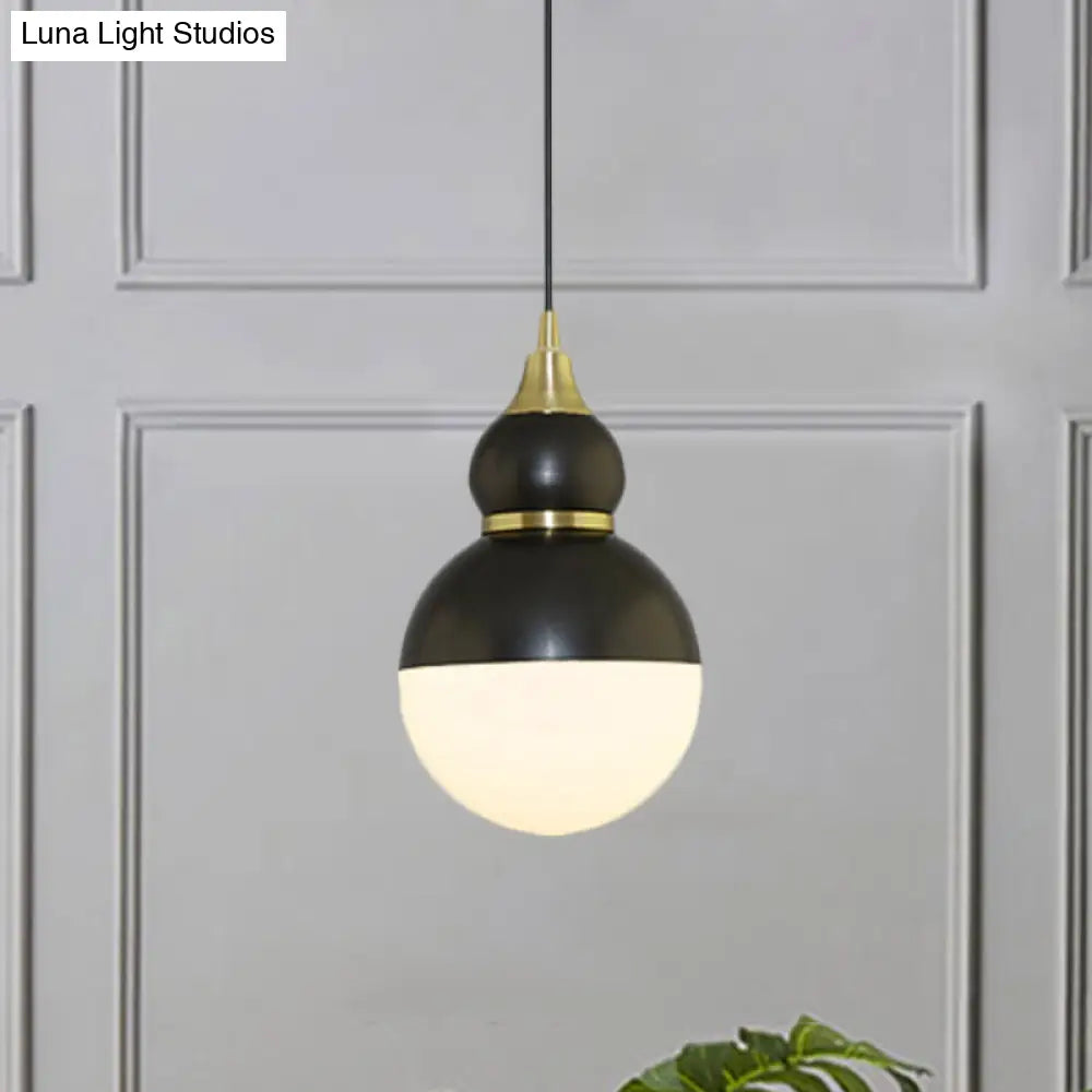 Black/Brass Gourd Pendant Lamp - Mid Century Metal 1 Light White Glass Diffuser Black