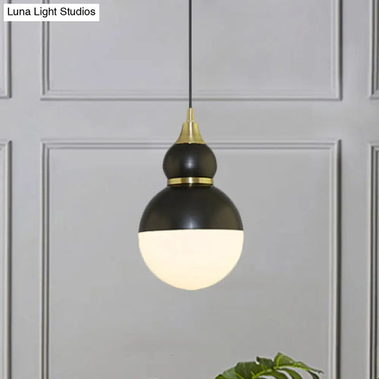 Black/Brass Gourd Pendant Lamp - Mid Century Metal 1 Light White Glass Diffuser Black