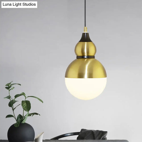 Black/Brass Gourd Pendant Lamp - Mid Century Metal 1 Light White Glass Diffuser Brass