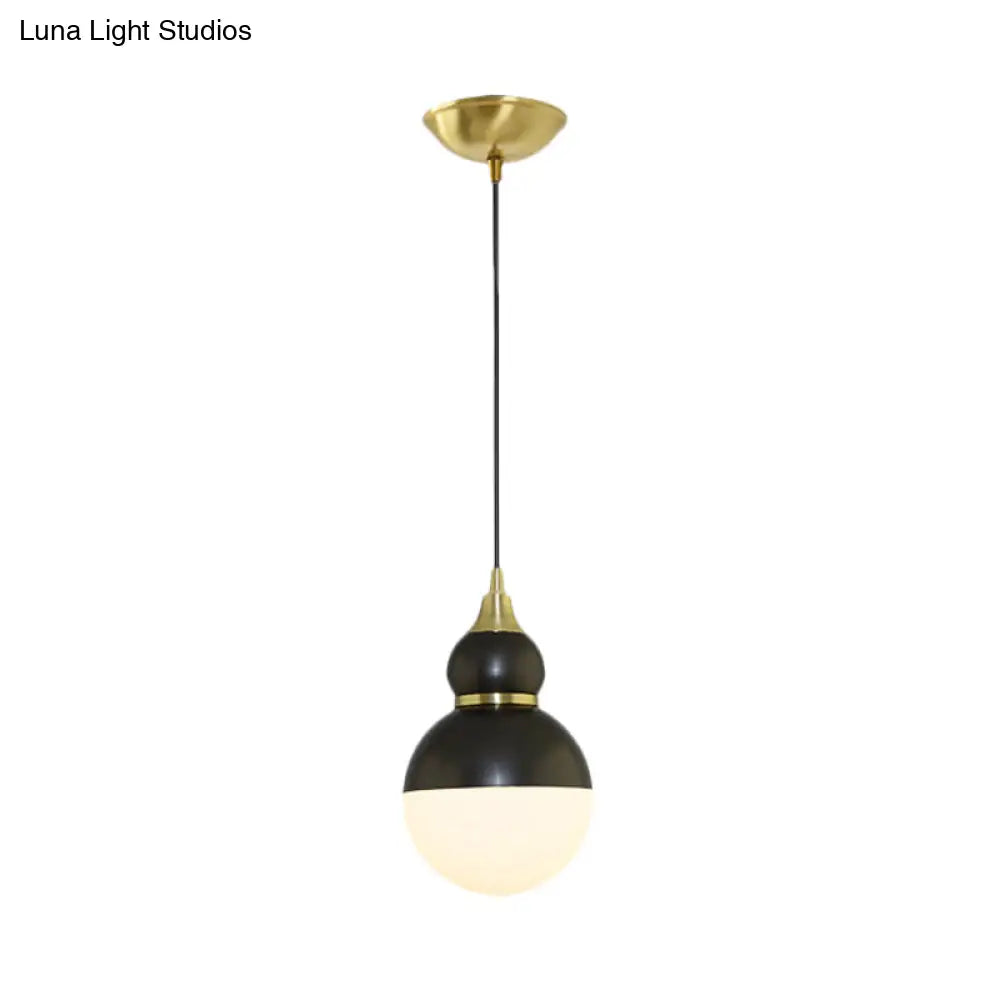 Black/Brass Gourd Pendant Lamp - Mid Century Metal 1 Light White Glass Diffuser