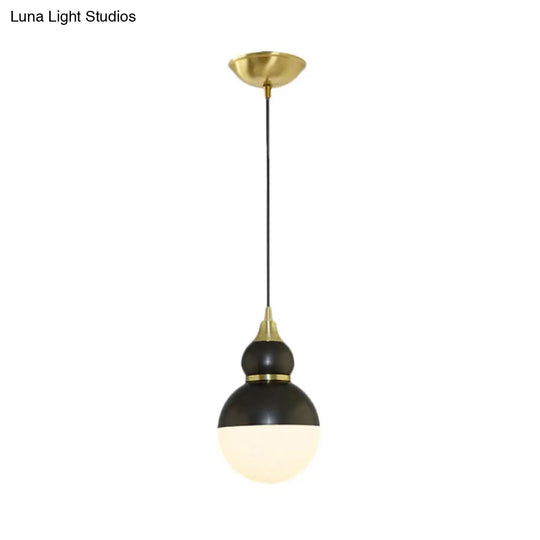 Black/Brass Gourd Pendant Lamp - Mid Century Metal 1 Light White Glass Diffuser