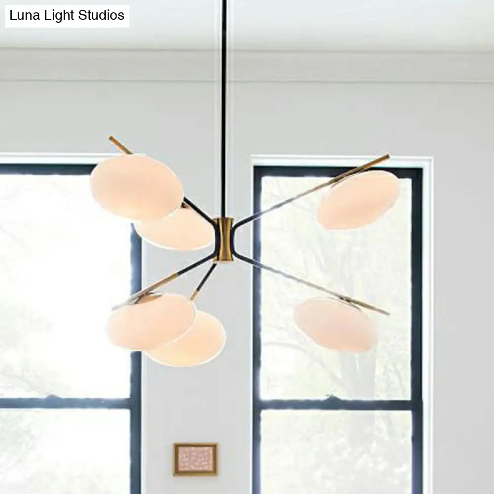 Modern Black-Brass Chandelier Lamp With Cream Glass Shade - Sleek Oval Ceiling Hang Light