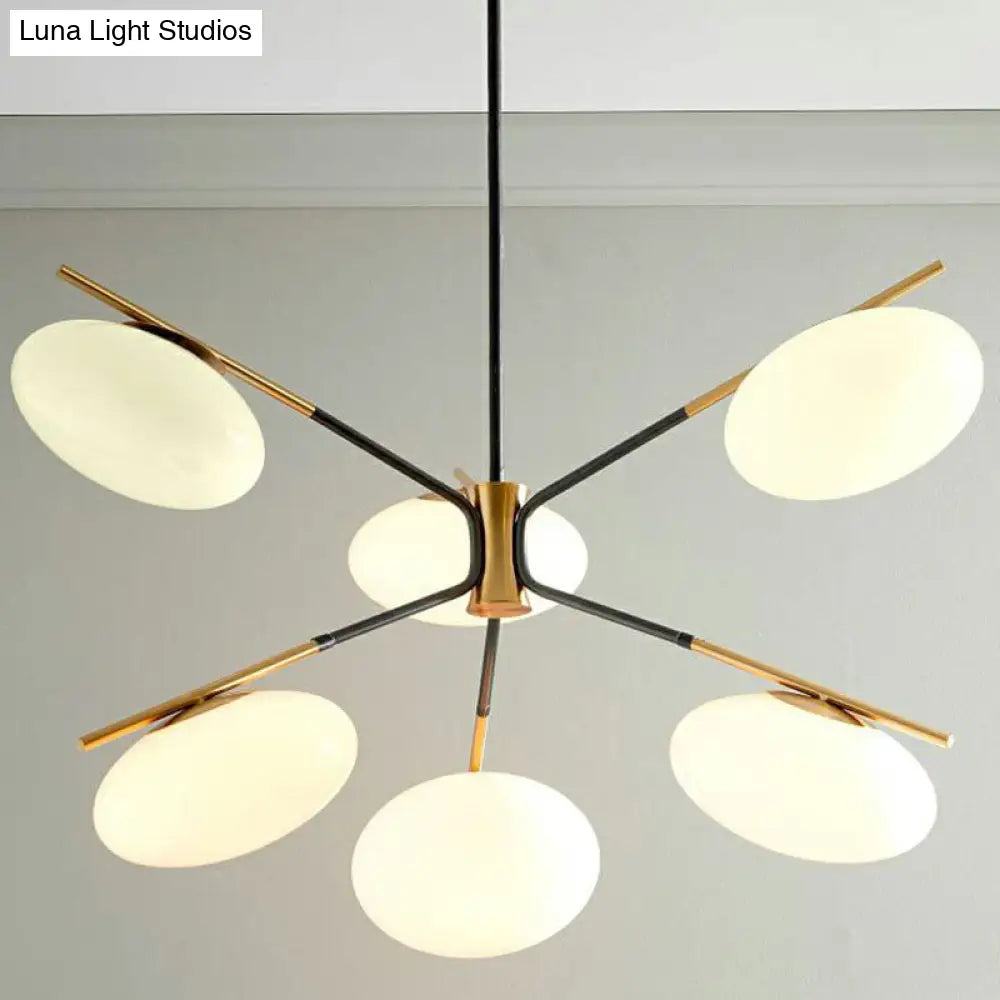 Modern Black-Brass Chandelier Lamp With Cream Glass Shade - Sleek Oval Ceiling Hang Light