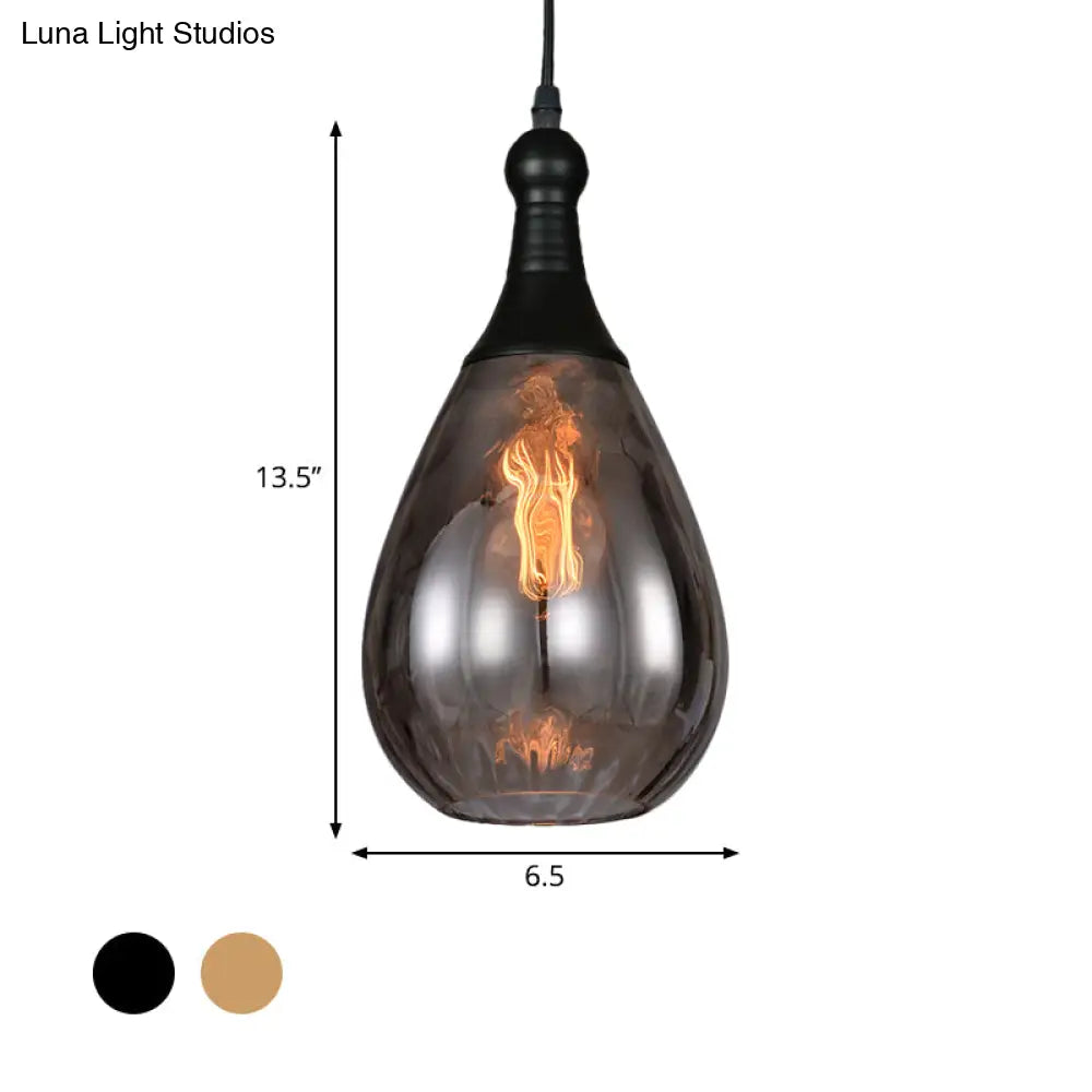 Black/Brass Teardrop Ceiling Light Industrial Clear/Amber/Grey Water Glass 1-Light Bedroom Pendant