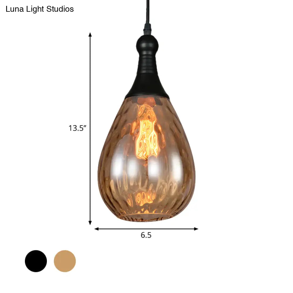 Black/Brass Teardrop Ceiling Light Industrial Clear/Amber/Grey Water Glass 1-Light Bedroom Pendant