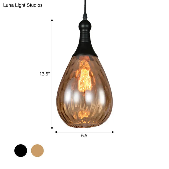 Black/Brass Teardrop Ceiling Light Industrial Clear/Amber/Grey Water Glass 1-Light Bedroom Pendant