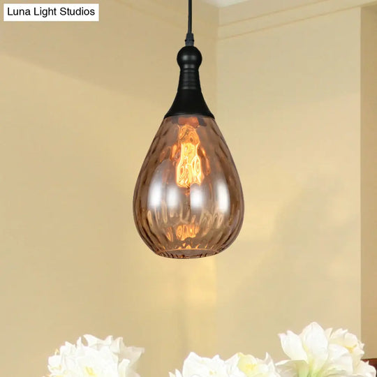 Black/Brass Teardrop Ceiling Light Industrial Clear/Amber/Grey Water Glass 1-Light Bedroom Pendant