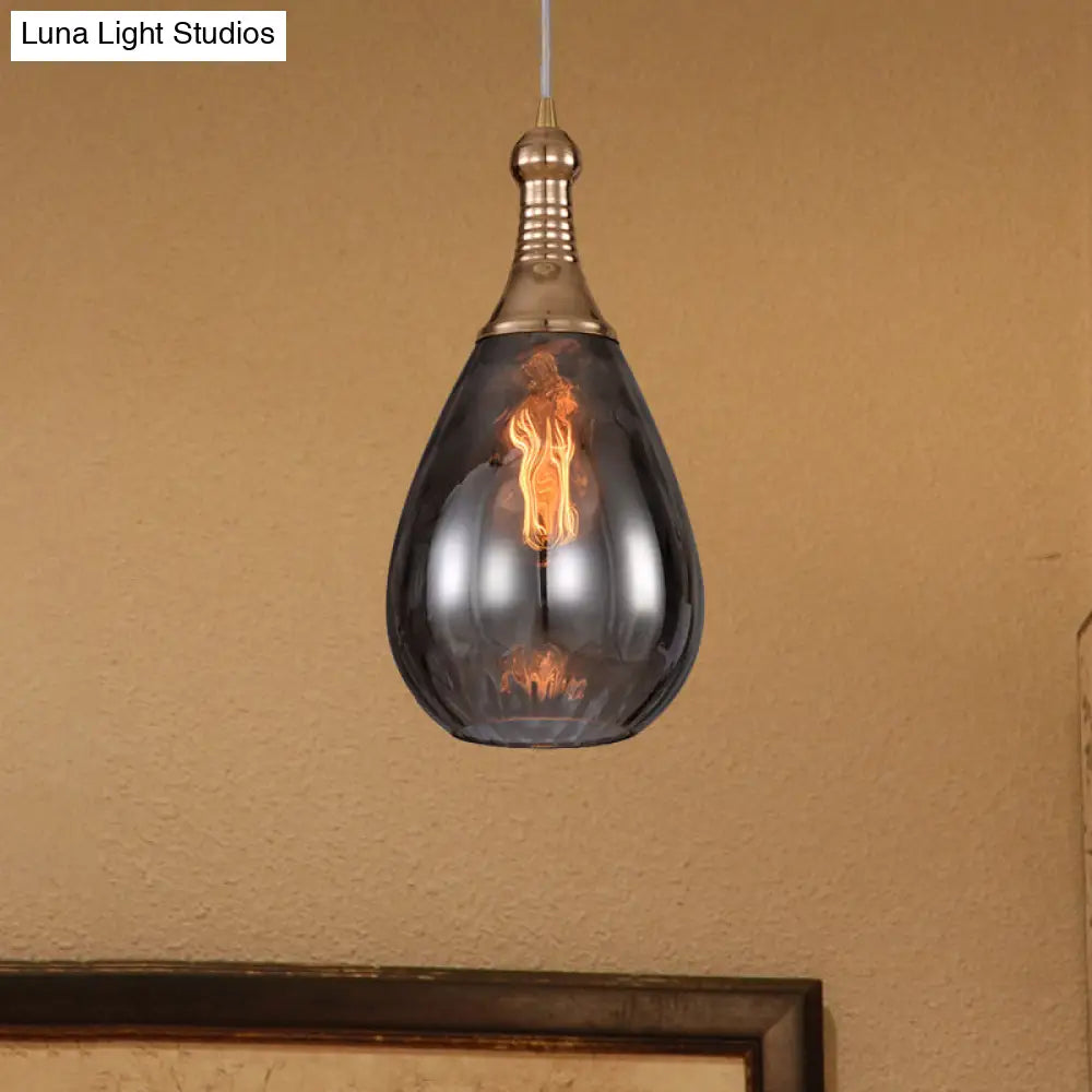 Black/Brass Teardrop Ceiling Light Industrial Clear/Amber/Grey Water Glass 1-Light Bedroom Pendant