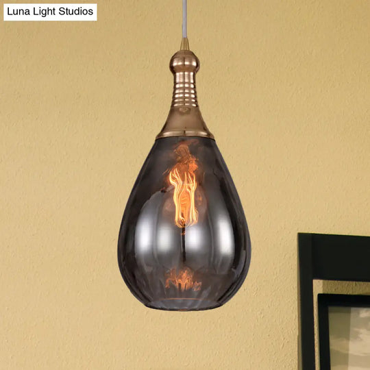 Black/Brass Teardrop Ceiling Light Industrial Clear/Amber/Grey Water Glass 1-Light Bedroom Pendant