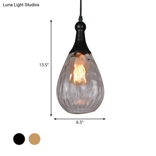 Black/Brass Teardrop Ceiling Light Industrial Clear/Amber/Grey Water Glass 1-Light Bedroom Pendant