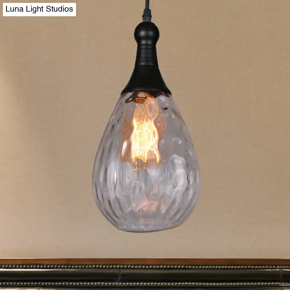 Black/Brass Teardrop Ceiling Light Industrial Clear/Amber/Grey Water Glass 1-Light Bedroom Pendant