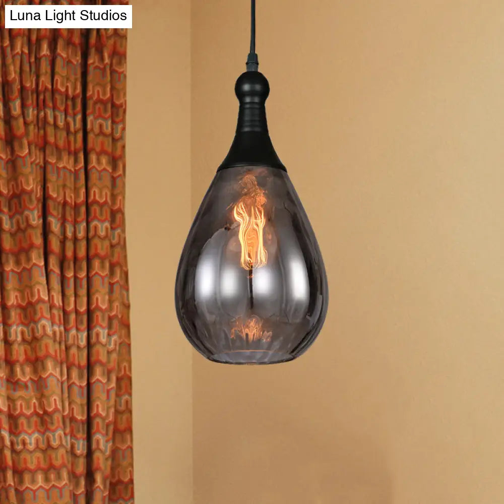 Black/Brass Teardrop Ceiling Light Industrial Clear/Amber/Grey Water Glass 1-Light Bedroom Pendant