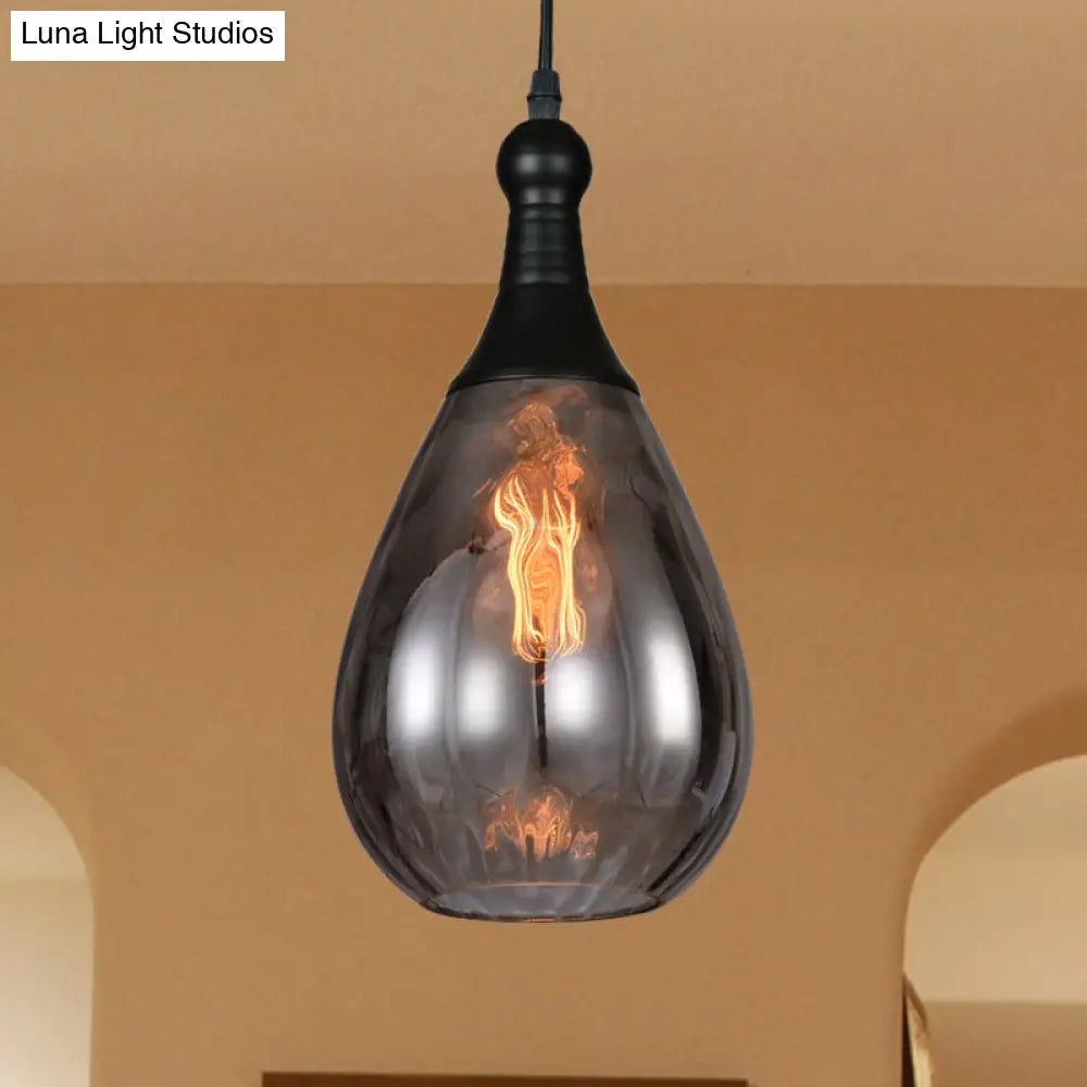 Black/Brass Teardrop Ceiling Light Industrial Clear/Amber/Grey Water Glass 1-Light Bedroom Pendant